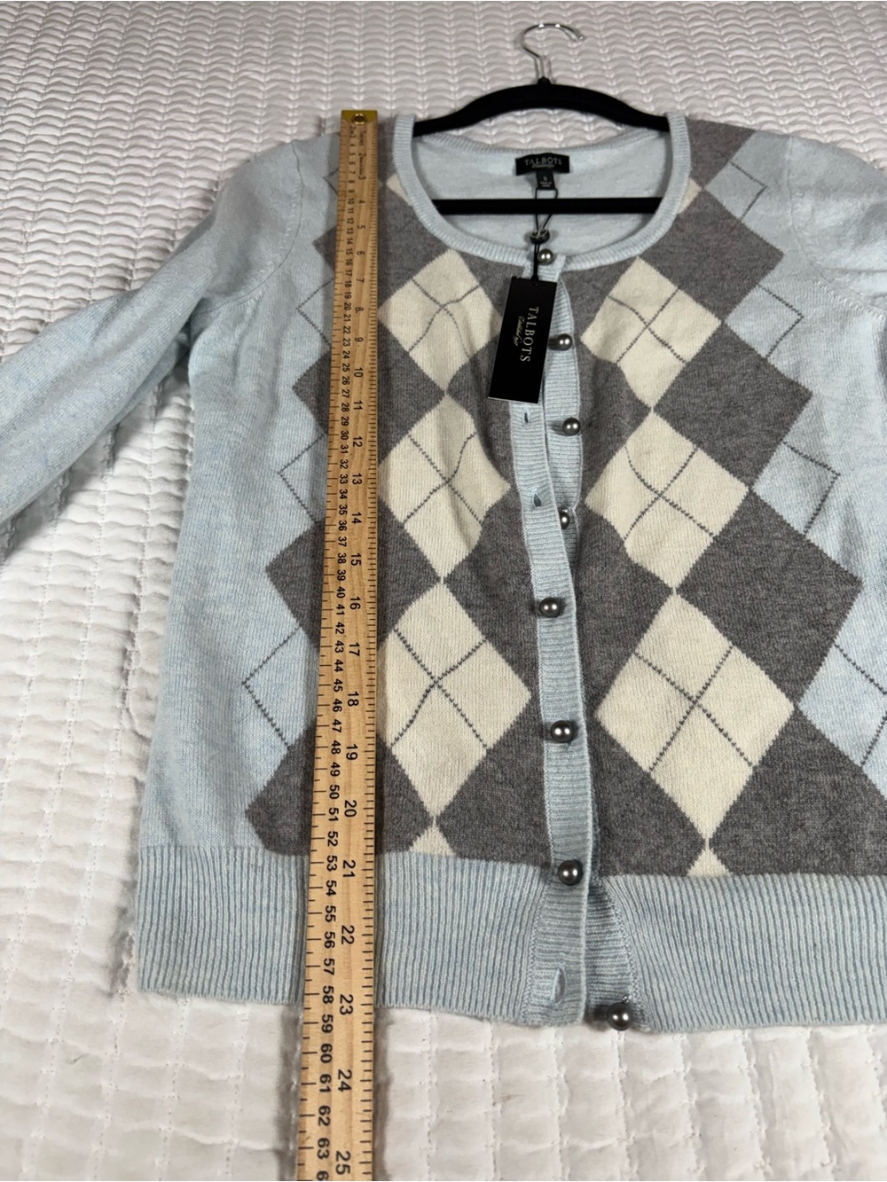 Talbots Argyle Cardigan Sweater Small Blue Gray Lambswool Angora NWT Academia - Picture 5 of 7